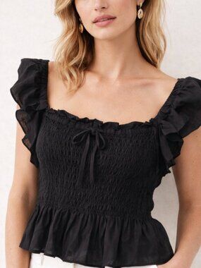 NWT SUNCOO PARIS Black Smocked Peplum Linen Blend Babydoll Flutter Sleeve Top T3